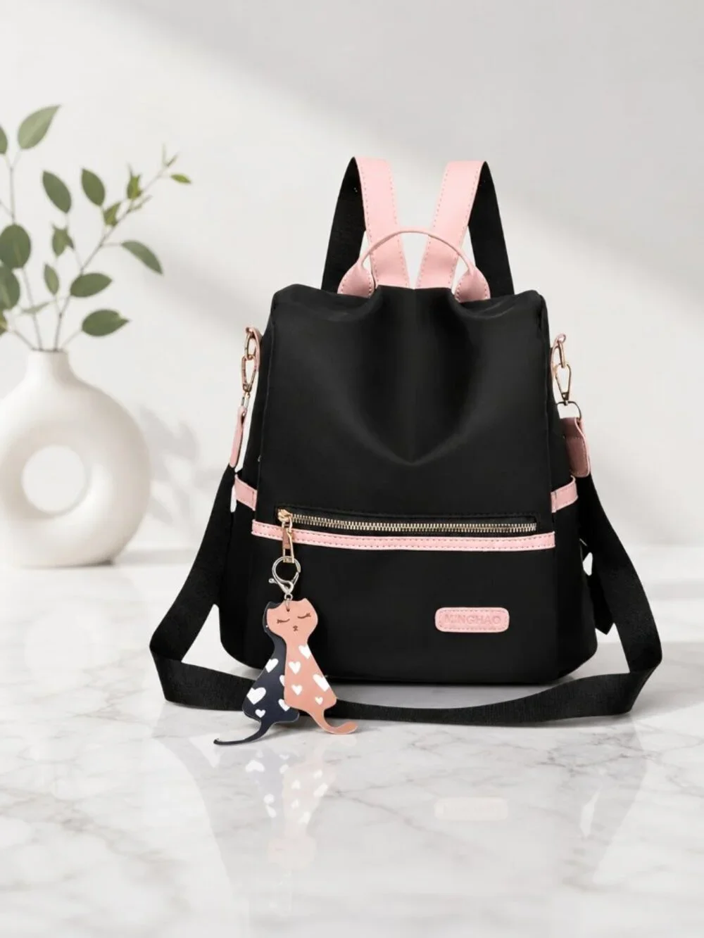 Anti-Theft Convertible Oxford Nylon Backpack Black Pink Cat Charm 3-Way Carry